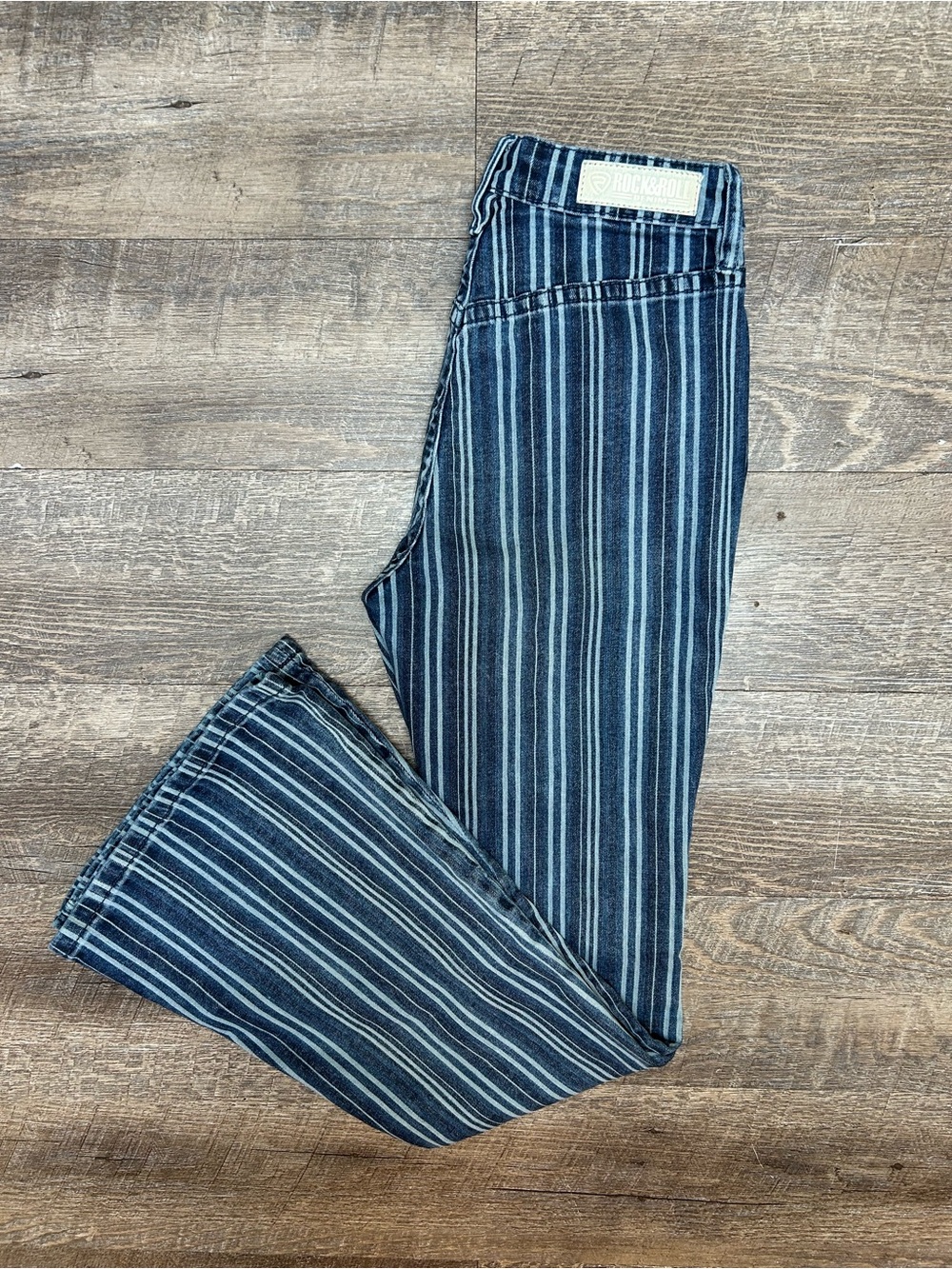 Rock & Roll Cowgirl Vertical Stripe Flare Jeans - Blue & White